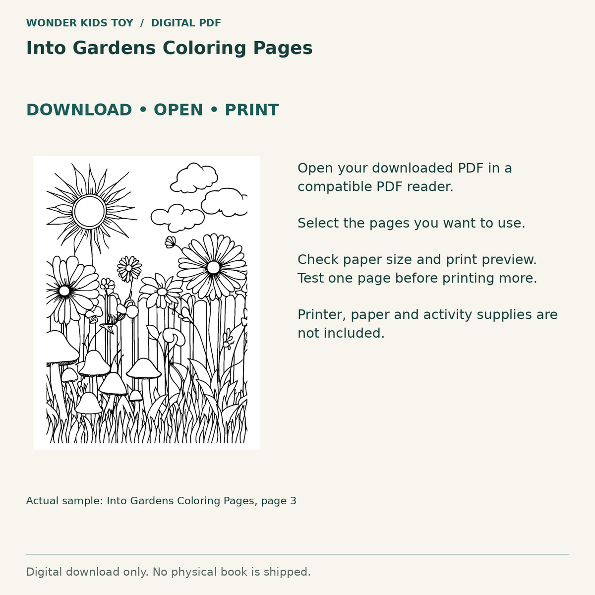 Into Gardens Coloring Pages: Download, open and print guidance with an actual PDF page preview. Digital only; no physical book.