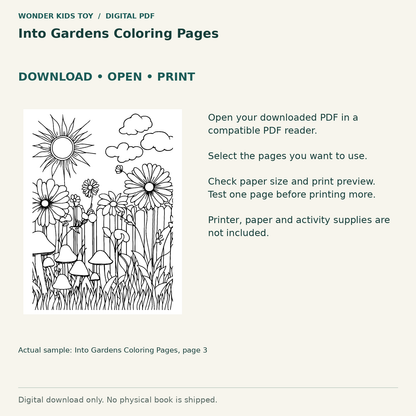 Into Gardens Coloring Pages: Download, open and print guidance with an actual PDF page preview. Digital only; no physical book.