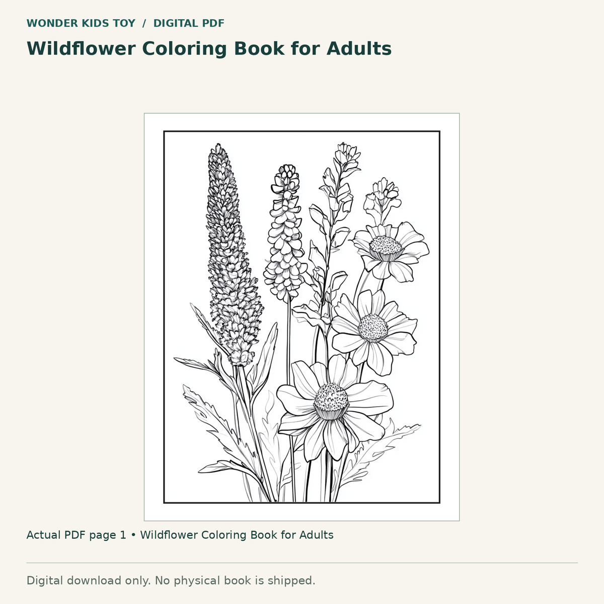 Wildflower Coloring Book for Adults: actual page 1 from Wildflower Coloring Book for Adults. Digital only; no physical book.