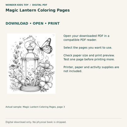Magic Lantern Coloring Pages: Download, open and print guidance with an actual PDF page preview. Digital only; no physical book.