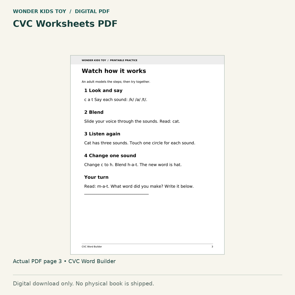 CVC Worksheets PDF: actual page 3 from CVC Word Builder. Digital only; no physical book.