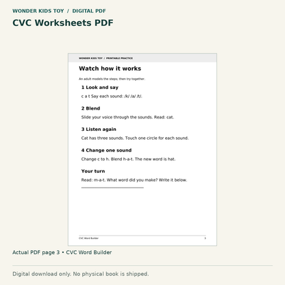 CVC Worksheets PDF: actual page 3 from CVC Word Builder. Digital only; no physical book.