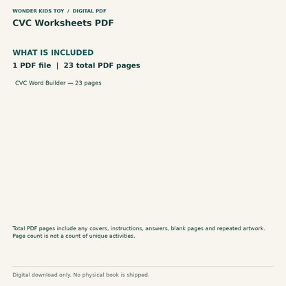 CVC Worksheets PDF: Contents: 1 PDF files, 23 total PDF pages. Digital only; no physical book.