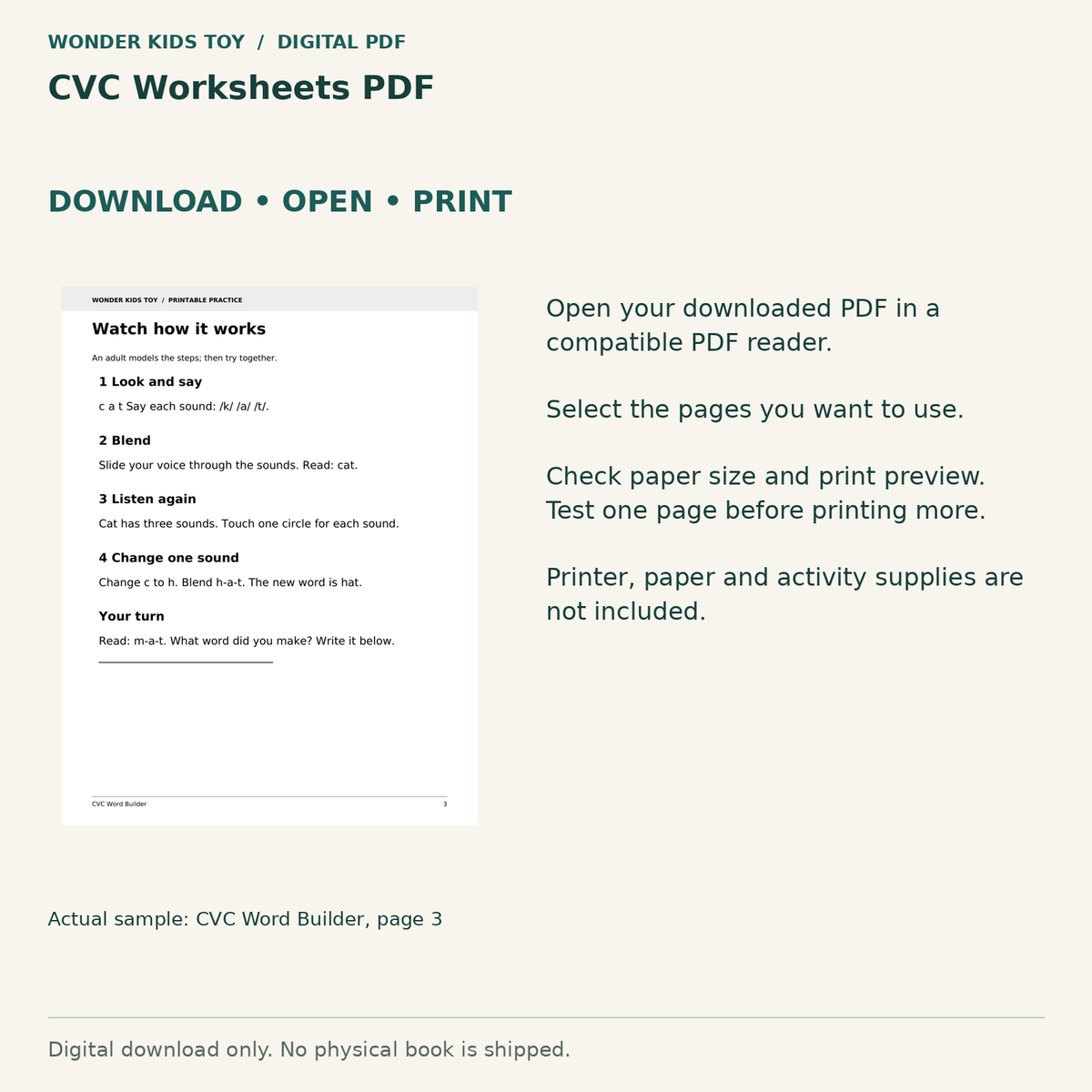 CVC Worksheets PDF: Download, open and print guidance with an actual PDF page preview. Digital only; no physical book.