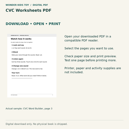 CVC Worksheets PDF: Download, open and print guidance with an actual PDF page preview. Digital only; no physical book.