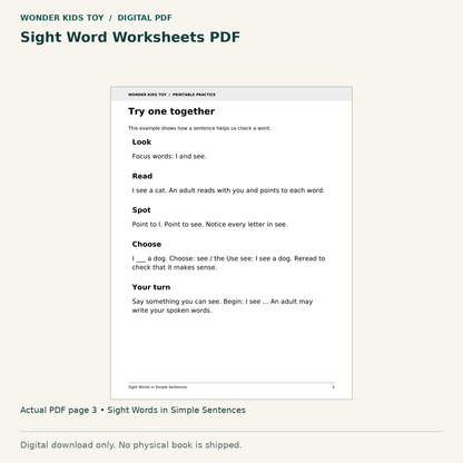Sight Word Worksheets PDF: actual page 3 from Sight Words in Simple Sentences. Digital only; no physical book.