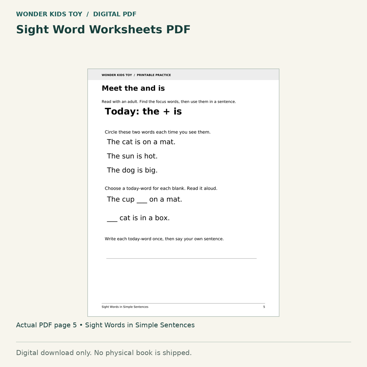 Sight Word Worksheets PDF: actual page 5 from Sight Words in Simple Sentences. Digital only; no physical book.