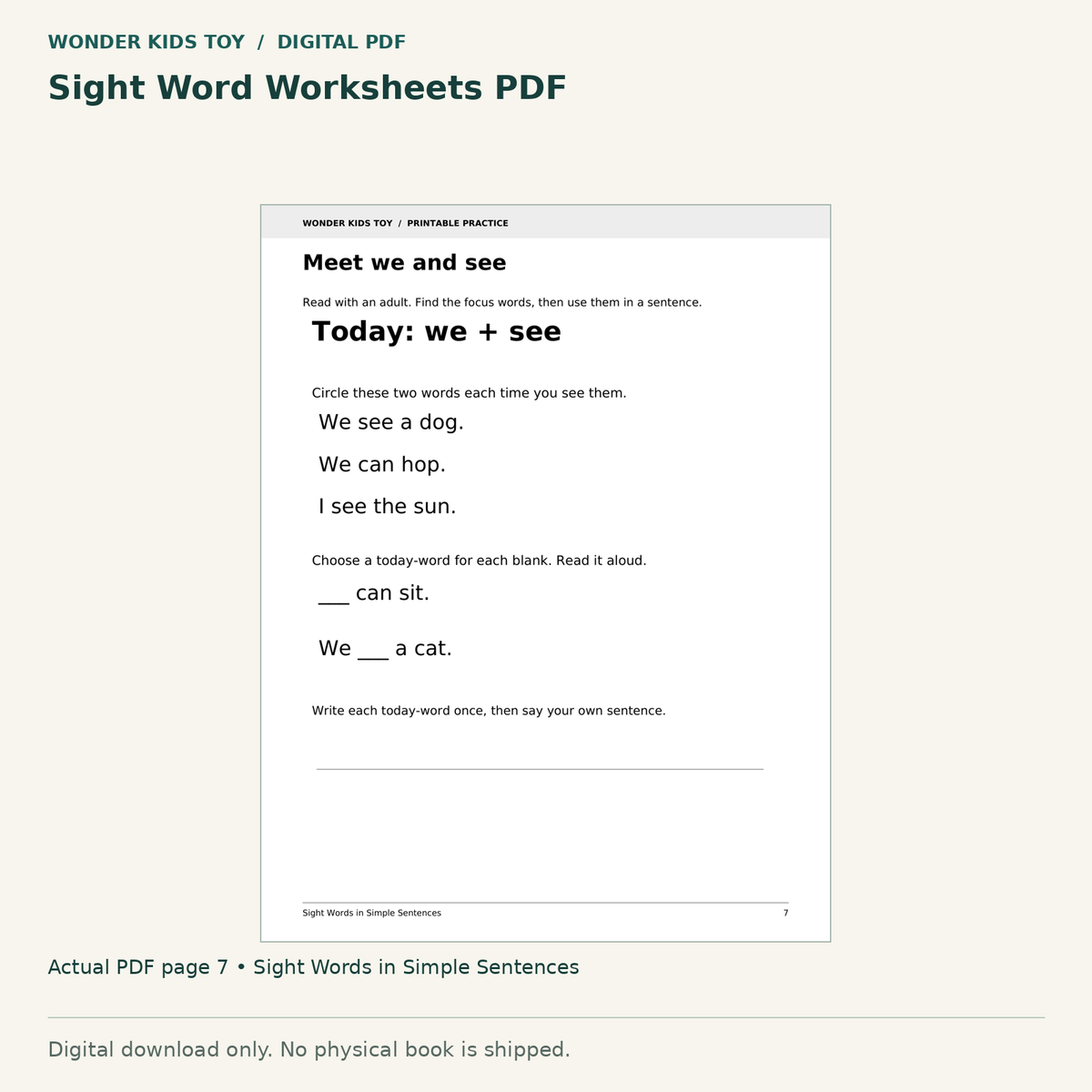 Sight Word Worksheets PDF: actual page 7 from Sight Words in Simple Sentences. Digital only; no physical book.