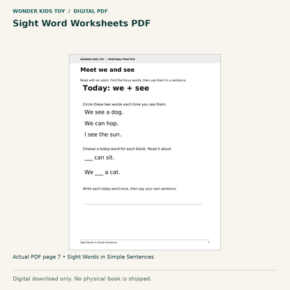 Sight Word Worksheets PDF: actual page 7 from Sight Words in Simple Sentences. Digital only; no physical book.
