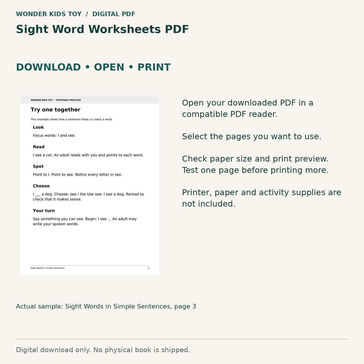 Sight Word Worksheets PDF: Download, open and print guidance with an actual PDF page preview. Digital only; no physical book.