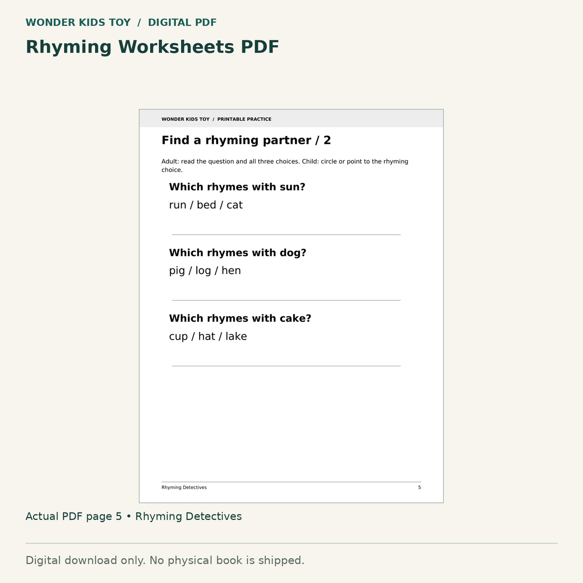 Rhyming Worksheets PDF: actual page 5 from Rhyming Detectives. Digital only; no physical book.