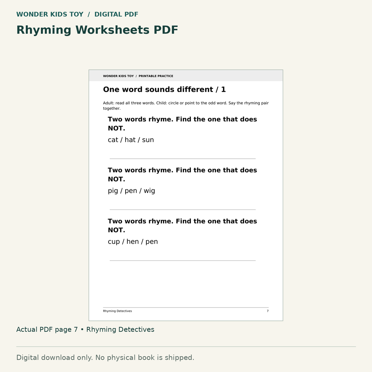Rhyming Worksheets PDF: actual page 7 from Rhyming Detectives. Digital only; no physical book.