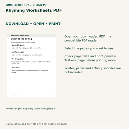 Rhyming Worksheets PDF: Download, open and print guidance with an actual PDF page preview. Digital only; no physical book.