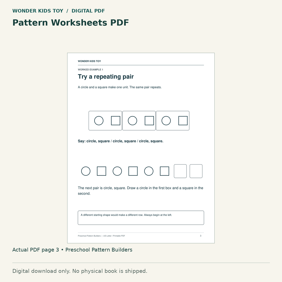 Pattern Worksheets PDF: actual page 3 from Preschool Pattern Builders. Digital only; no physical book.