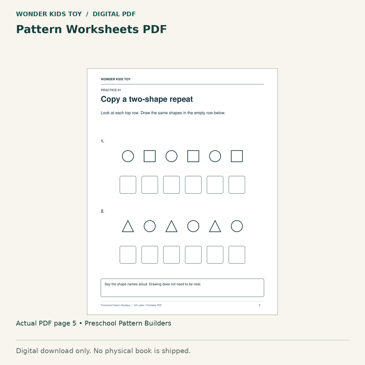Pattern Worksheets PDF: actual page 5 from Preschool Pattern Builders. Digital only; no physical book.