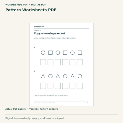 Pattern Worksheets PDF: actual page 5 from Preschool Pattern Builders. Digital only; no physical book.