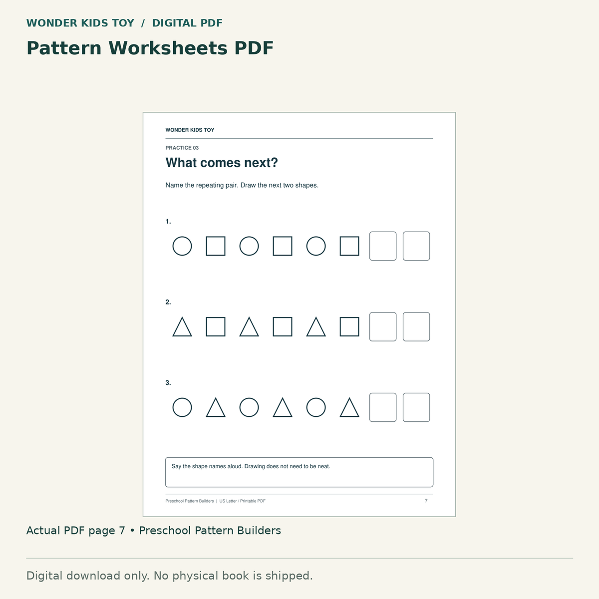 Pattern Worksheets PDF: actual page 7 from Preschool Pattern Builders. Digital only; no physical book.