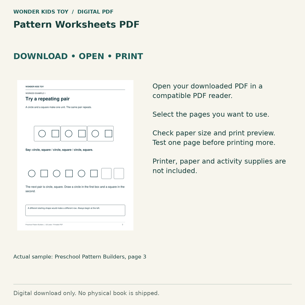 Pattern Worksheets PDF: Download, open and print guidance with an actual PDF page preview. Digital only; no physical book.