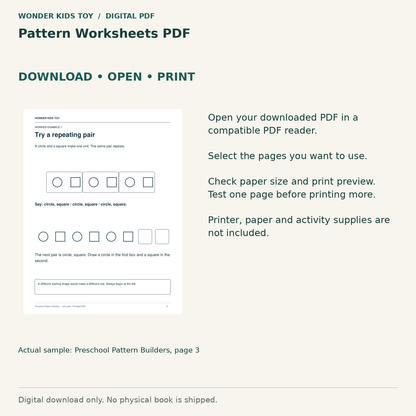 Pattern Worksheets PDF: Download, open and print guidance with an actual PDF page preview. Digital only; no physical book.
