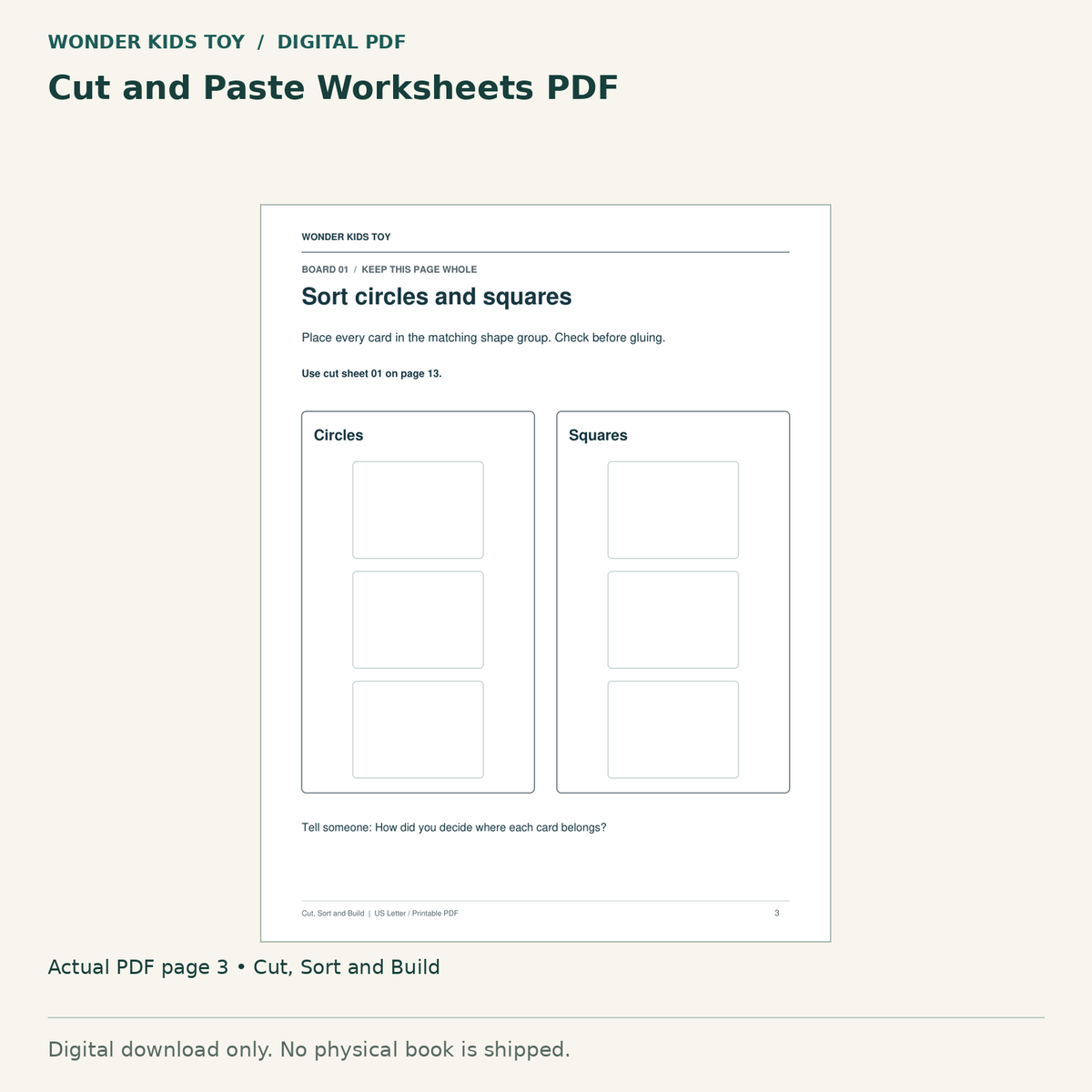 Cut and Paste Worksheets PDF: actual page 3 from Cut, Sort and Build. Digital only; no physical book.