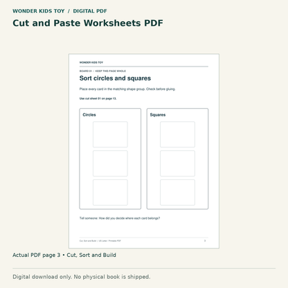 Cut and Paste Worksheets PDF: actual page 3 from Cut, Sort and Build. Digital only; no physical book.