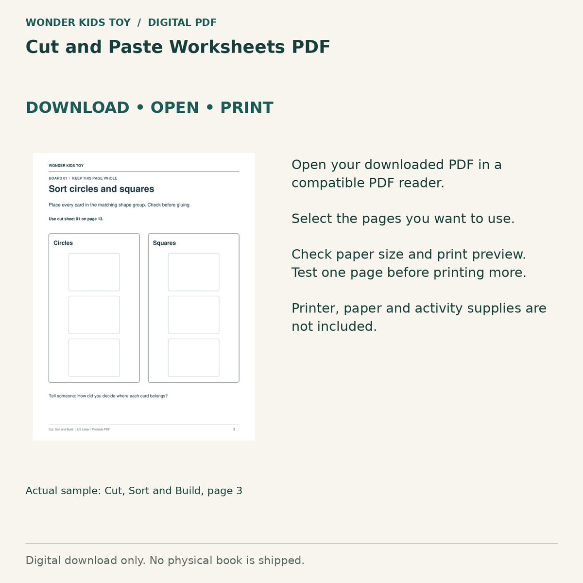 Cut and Paste Worksheets PDF: Download, open and print guidance with an actual PDF page preview. Digital only; no physical book.