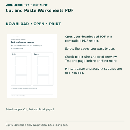 Cut and Paste Worksheets PDF: Download, open and print guidance with an actual PDF page preview. Digital only; no physical book.