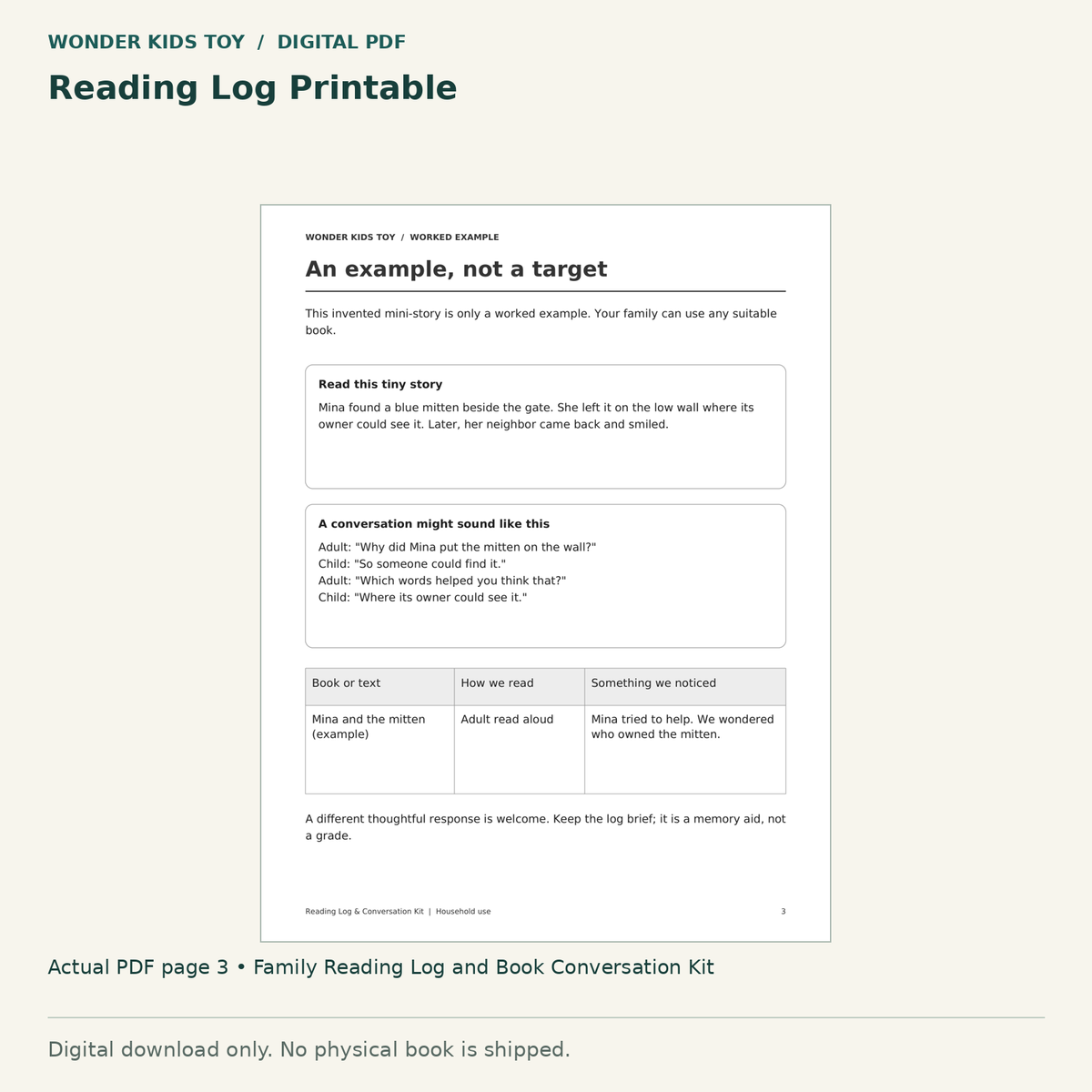 Reading Log Printable: actual page 3 from Family Reading Log and Book Conversation Kit. Digital only; no physical book.