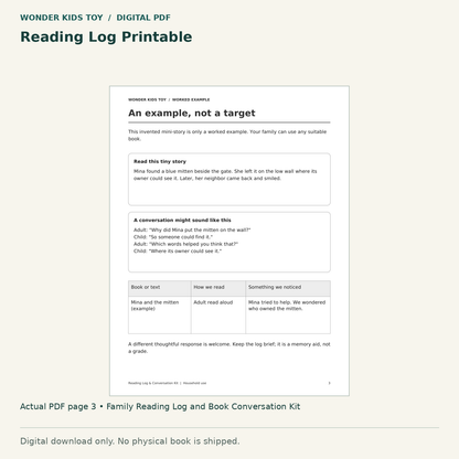 Reading Log Printable: actual page 3 from Family Reading Log and Book Conversation Kit. Digital only; no physical book.