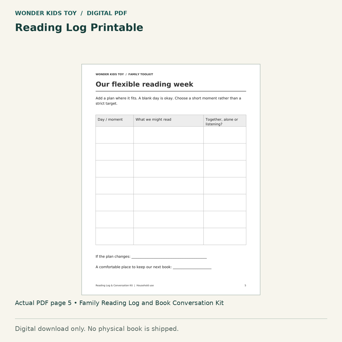 Reading Log Printable: actual page 5 from Family Reading Log and Book Conversation Kit. Digital only; no physical book.