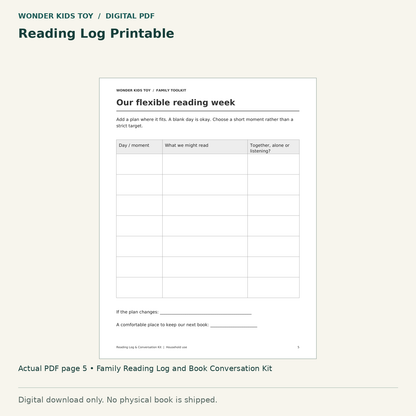 Reading Log Printable: actual page 5 from Family Reading Log and Book Conversation Kit. Digital only; no physical book.