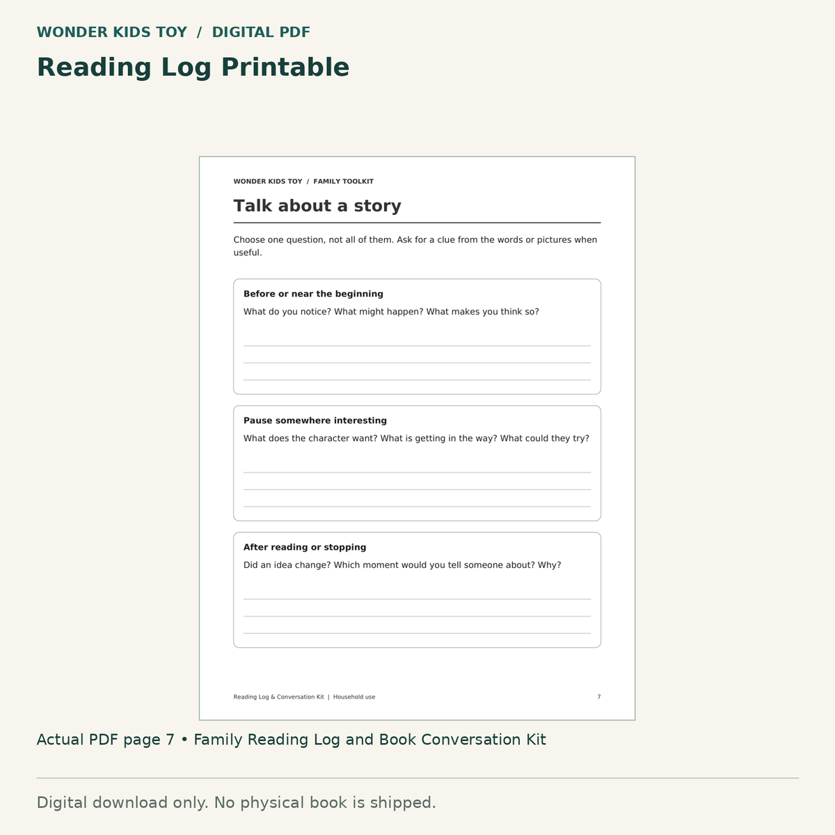 Reading Log Printable: actual page 7 from Family Reading Log and Book Conversation Kit. Digital only; no physical book.