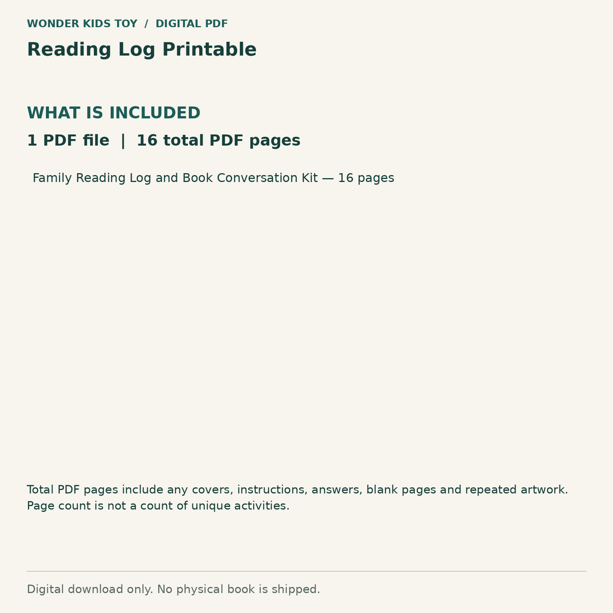 Reading Log Printable: Contents: 1 PDF files, 16 total PDF pages. Digital only; no physical book.