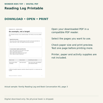 Reading Log Printable: Download, open and print guidance with an actual PDF page preview. Digital only; no physical book.