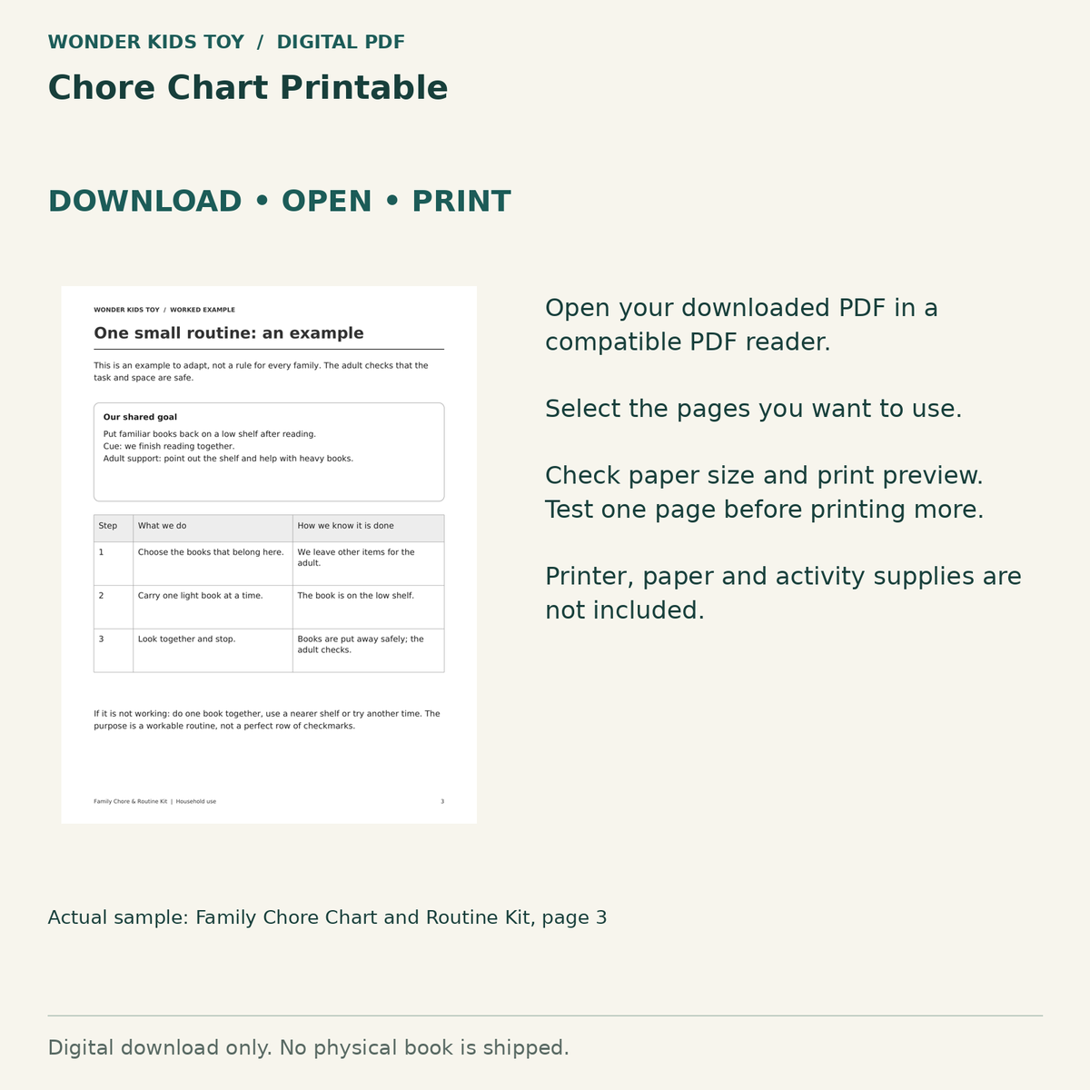 Chore Chart Printable: Download, open and print guidance with an actual PDF page preview. Digital only; no physical book.