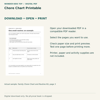 Chore Chart Printable: Download, open and print guidance with an actual PDF page preview. Digital only; no physical book.