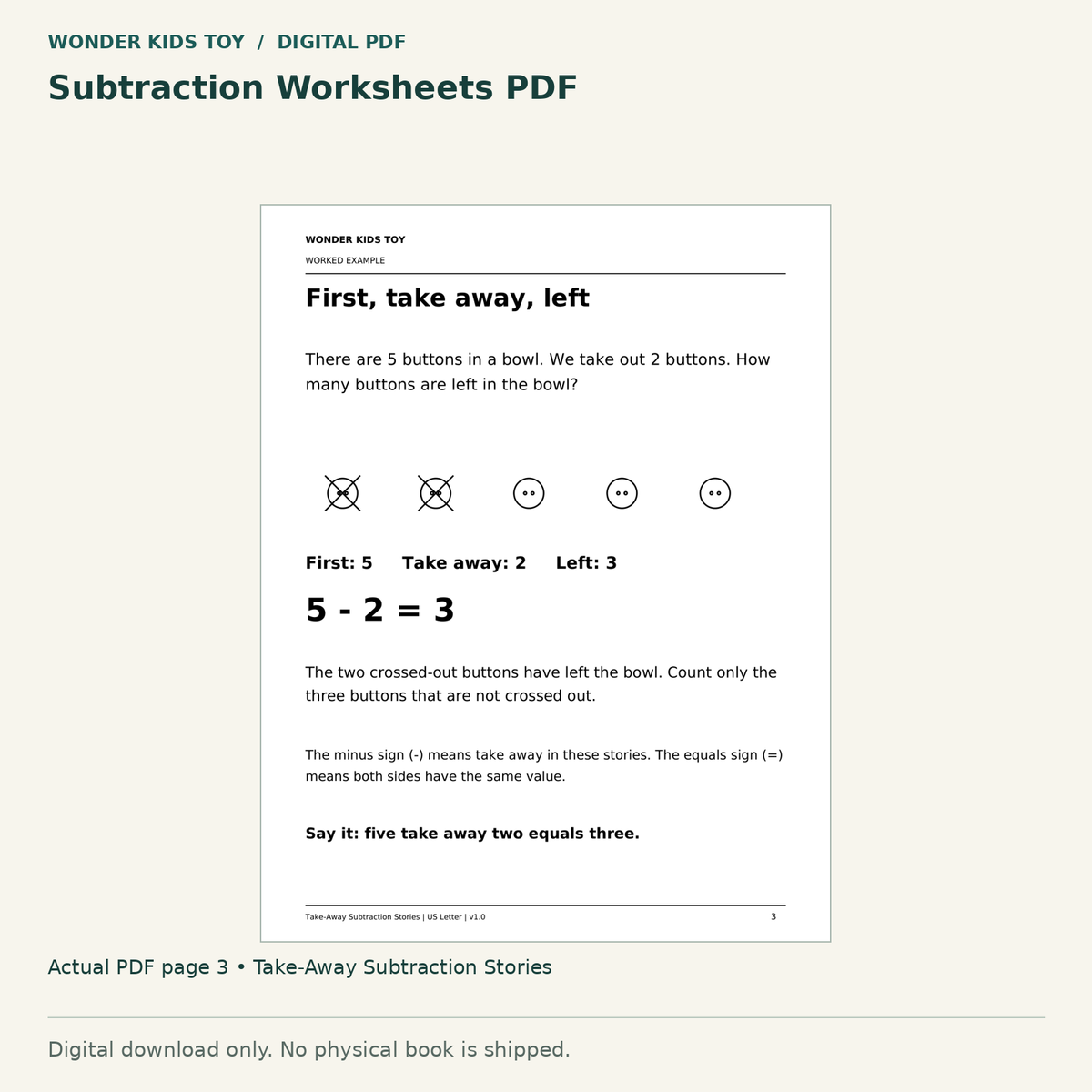 Subtraction Worksheets PDF: actual page 3 from Take-Away Subtraction Stories. Digital only; no physical book.