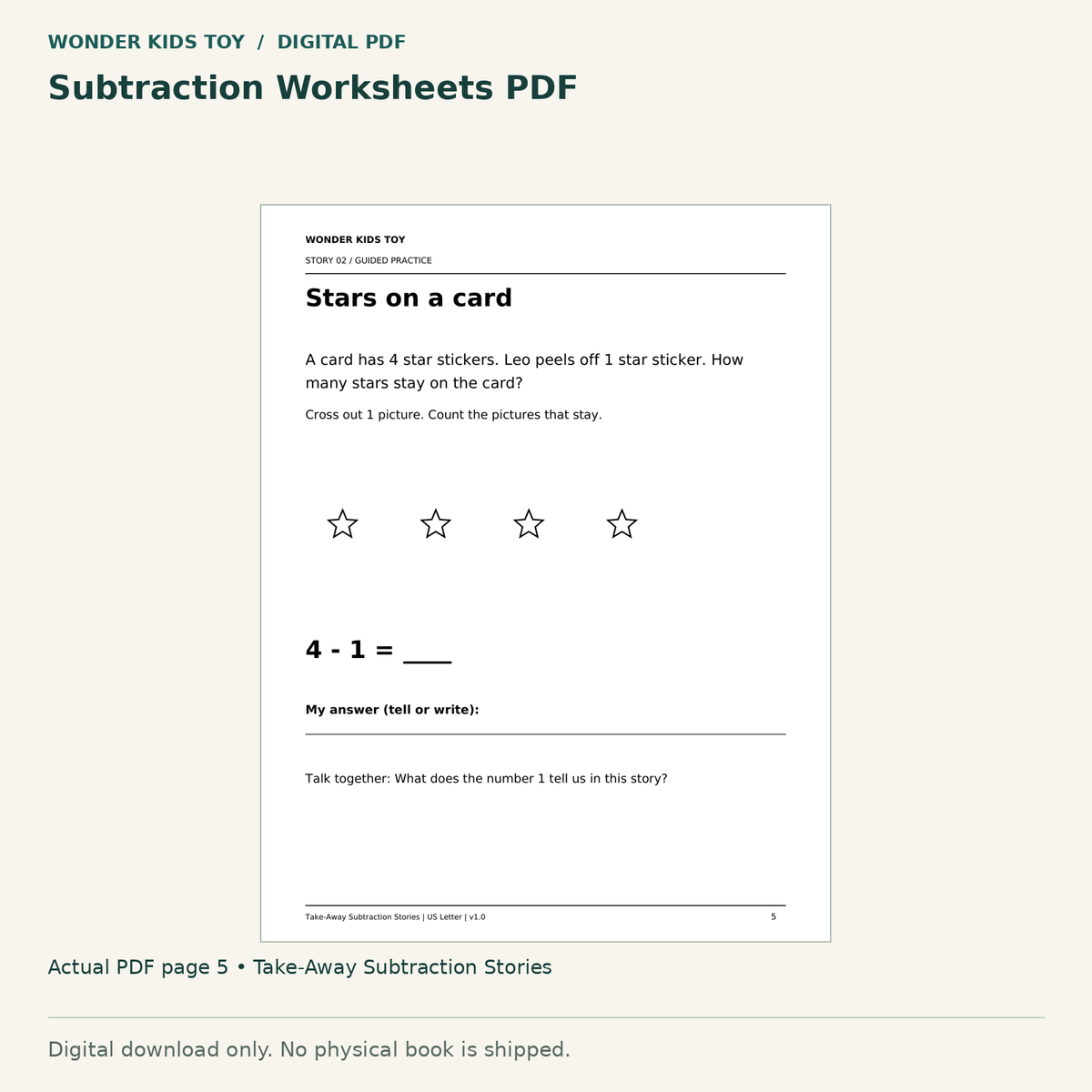 Subtraction Worksheets PDF: actual page 5 from Take-Away Subtraction Stories. Digital only; no physical book.