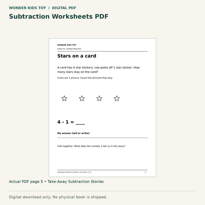 Subtraction Worksheets PDF: actual page 5 from Take-Away Subtraction Stories. Digital only; no physical book.