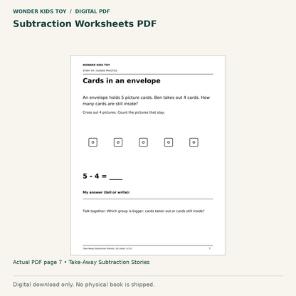 Subtraction Worksheets PDF: actual page 7 from Take-Away Subtraction Stories. Digital only; no physical book.