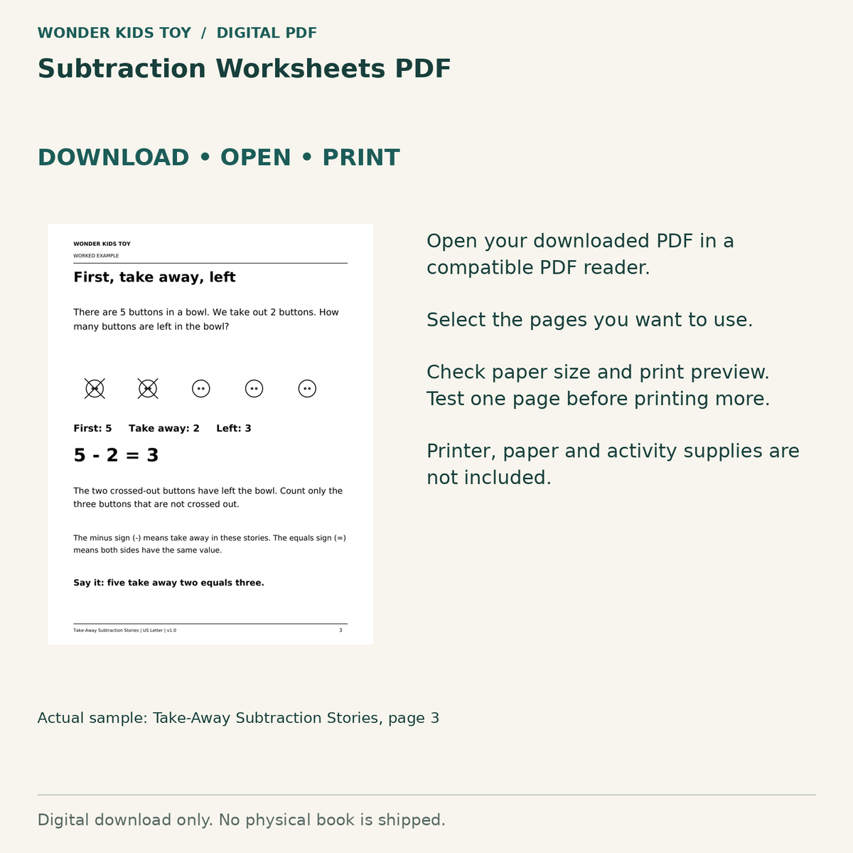 Subtraction Worksheets PDF: Download, open and print guidance with an actual PDF page preview. Digital only; no physical book.
