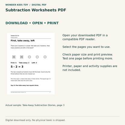 Subtraction Worksheets PDF: Download, open and print guidance with an actual PDF page preview. Digital only; no physical book.