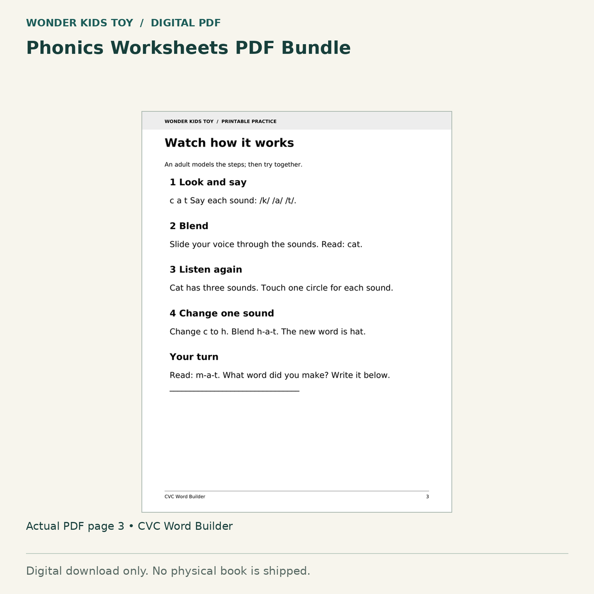 Phonics Worksheets PDF Bundle: actual page 3 from CVC Word Builder. Digital only; no physical book.