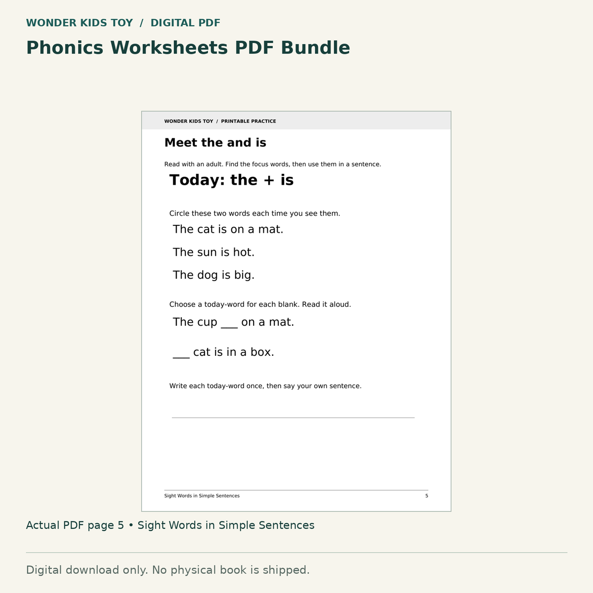 Phonics Worksheets PDF Bundle: actual page 5 from Sight Words in Simple Sentences. Digital only; no physical book.