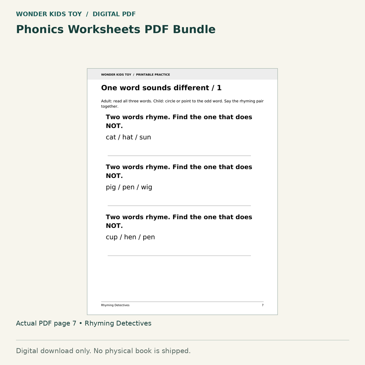 Phonics Worksheets PDF Bundle: actual page 7 from Rhyming Detectives. Digital only; no physical book.
