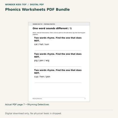 Phonics Worksheets PDF Bundle: actual page 7 from Rhyming Detectives. Digital only; no physical book.
