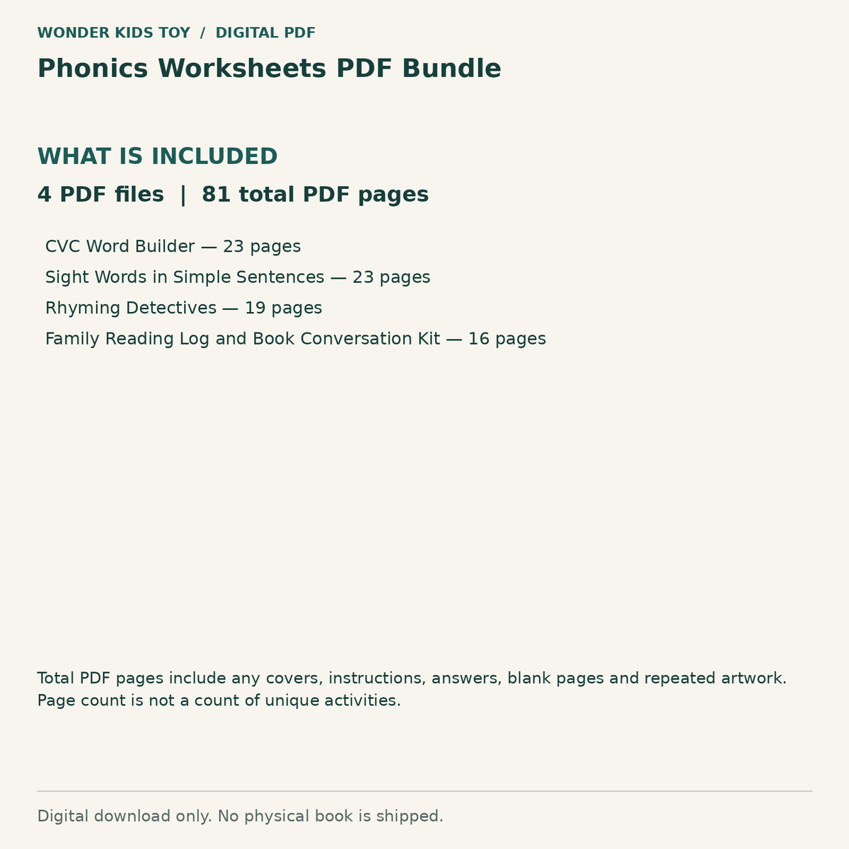 Phonics Worksheets PDF Bundle: Contents: 4 PDF files, 81 total PDF pages. Digital only; no physical book.