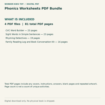 Phonics Worksheets PDF Bundle: Contents: 4 PDF files, 81 total PDF pages. Digital only; no physical book.