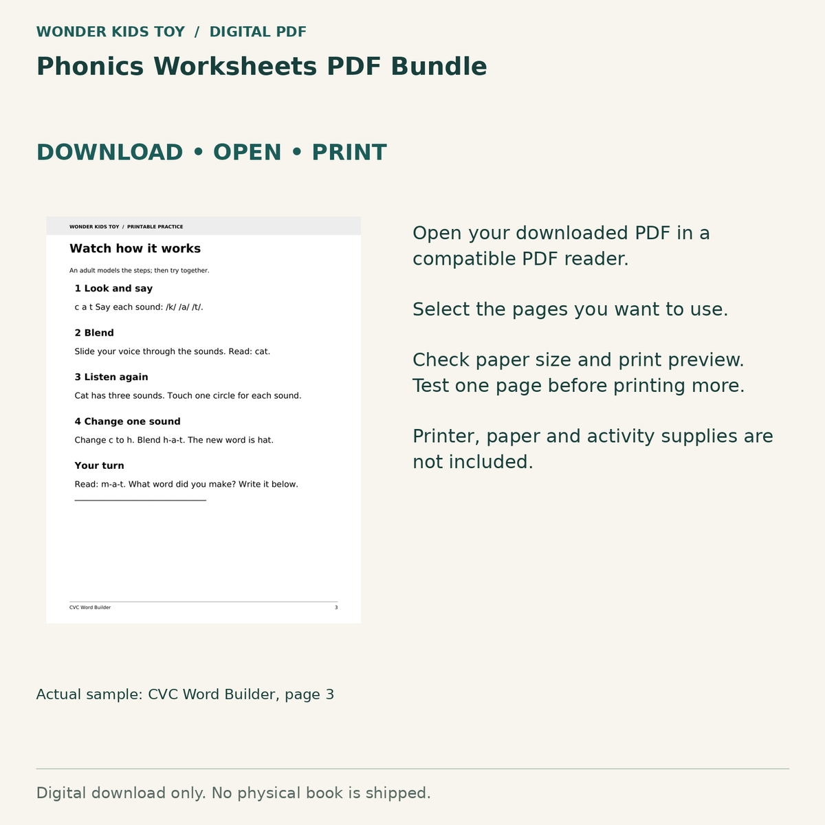 Phonics Worksheets PDF Bundle: Download, open and print guidance with an actual PDF page preview. Digital only; no physical book.