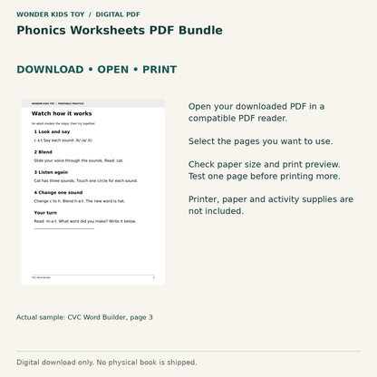 Phonics Worksheets PDF Bundle: Download, open and print guidance with an actual PDF page preview. Digital only; no physical book.